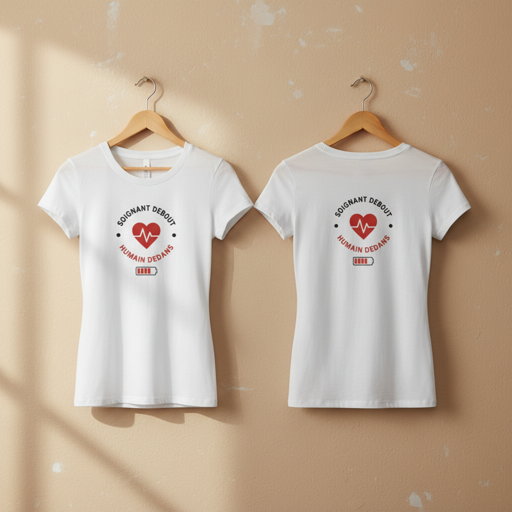 Lot de 2 t-shirts blancs sur cintres, imprimé cœur rouge ECG et batterie rouge.