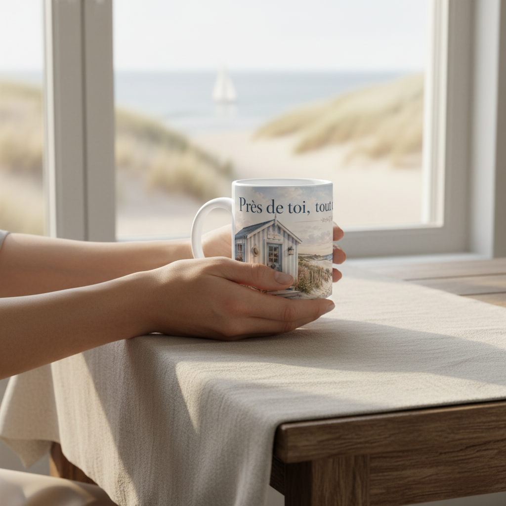 Mug Pres de toi tout devient doux pres d'une fenetre avec vue sur les dunes et voilier, ambiance cosy Gironde