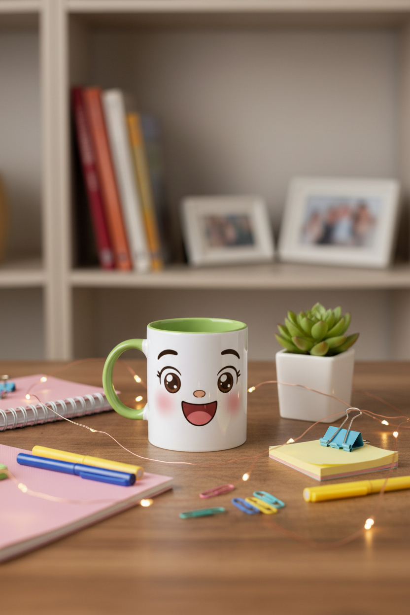 Tasse en céramique blanche à visage kawaii souriant, anse verte et intérieur vert clair.