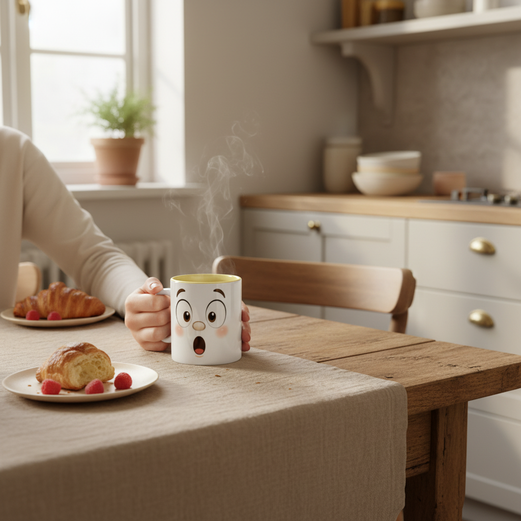 Mug en céramique jaune au visage kawaii abeille, grands yeux et bouche ouverte