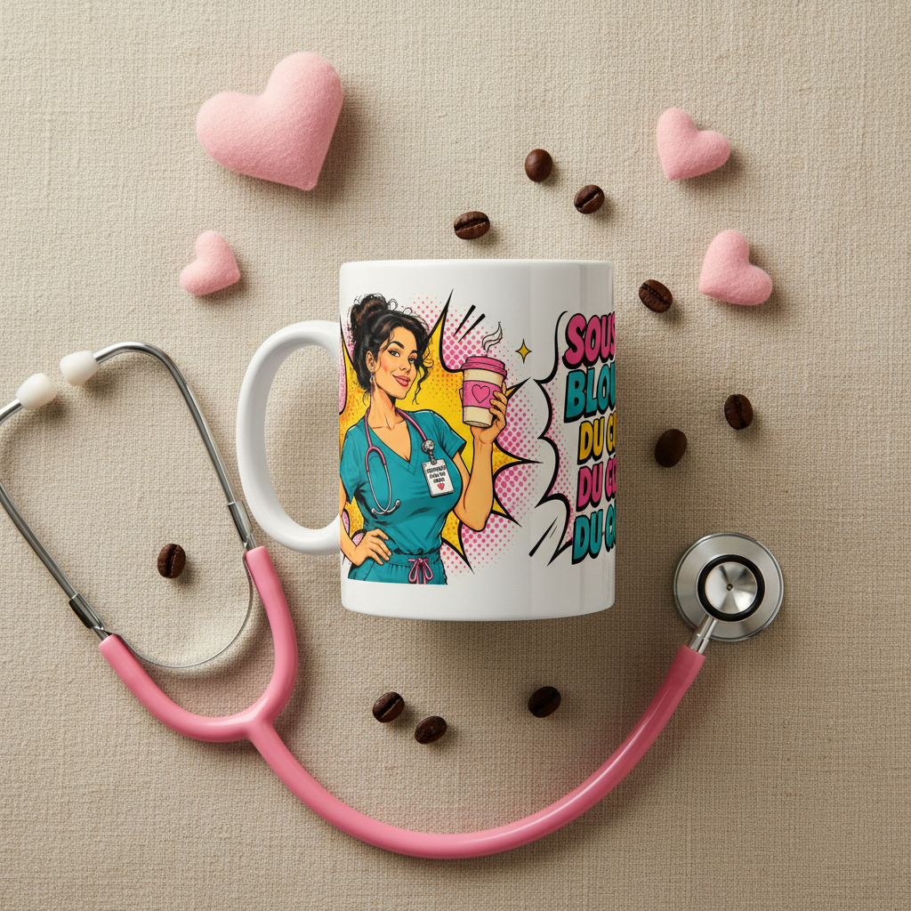Mug blanc avec illustration pop d’infirmière tenant un gobelet, texte en couleurs