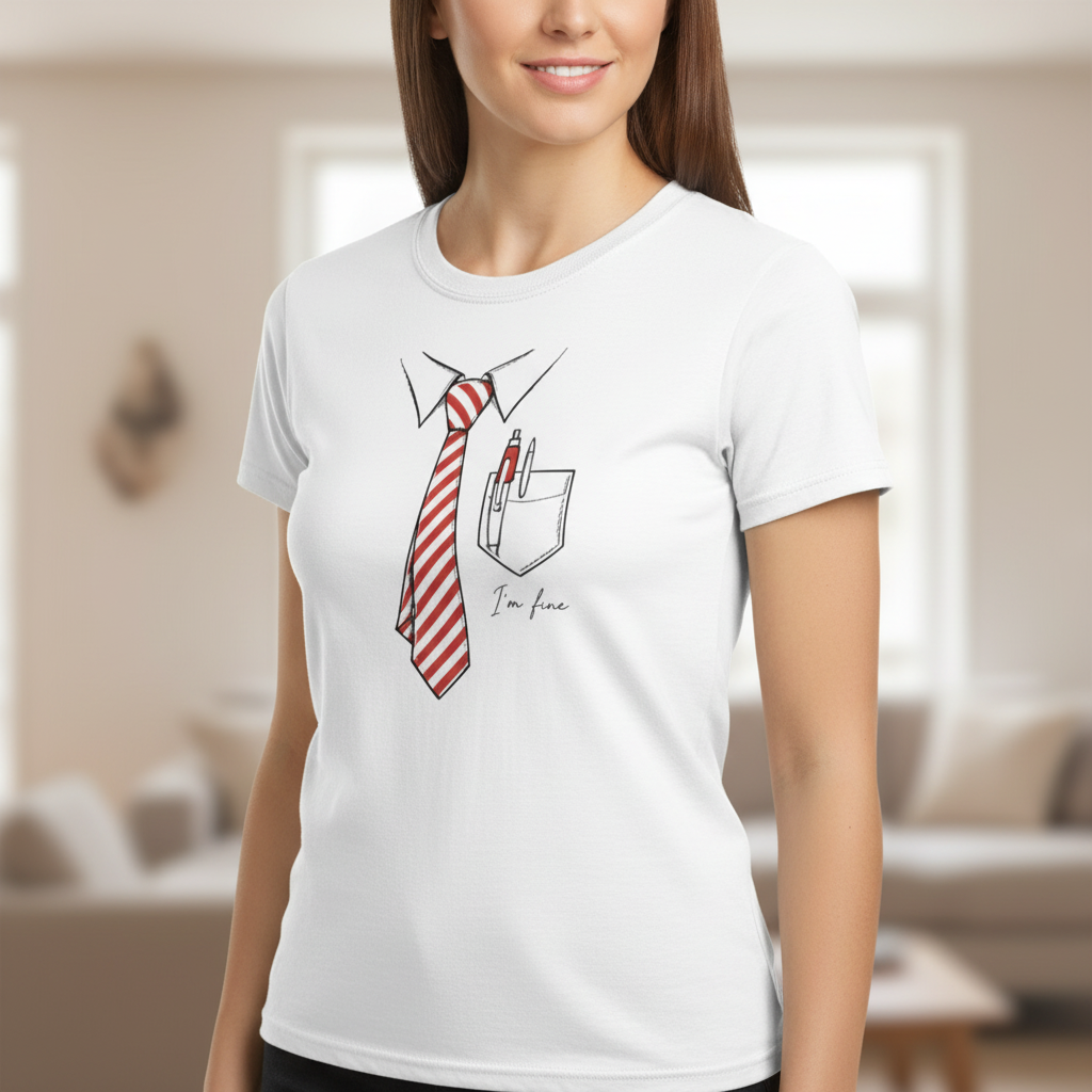 T-shirt femme blanc, vue poitrine avec motif cravate rouge et blanche et texte « I'm fine »