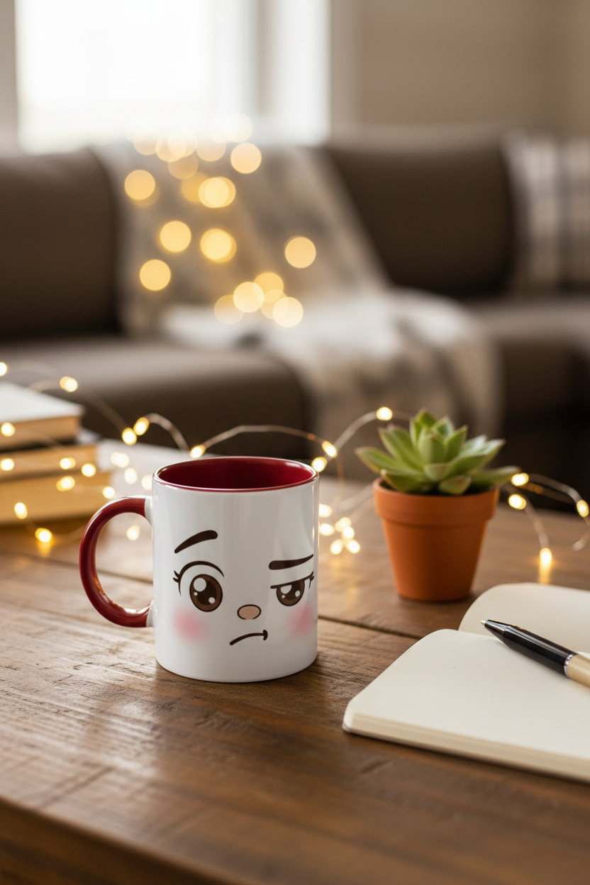 Mug en céramique blanche avec visage kawaii boudeur, anse rouge et intérieur foncé