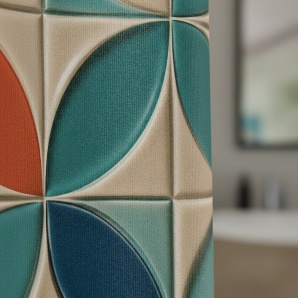 Détail de rideau de douche géométrique: tissu beige, vert et bleu, touches orange.