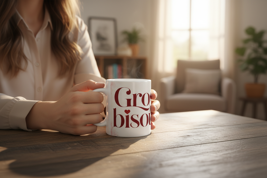 Mug Gros Bisous tenu par des mains féminines dans une ambiance cosy matinale
