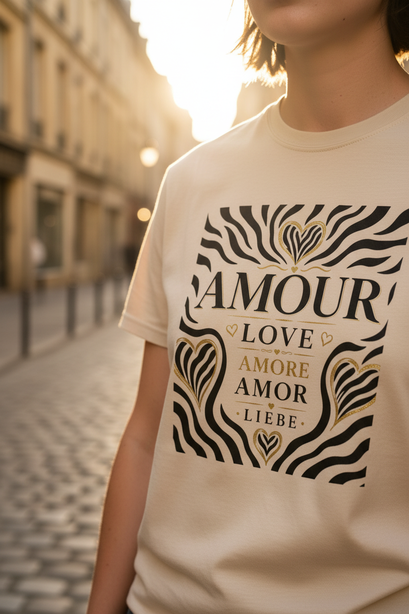 T-shirt unisexe blanc cassé avec grand motif « AMOUR » au torse