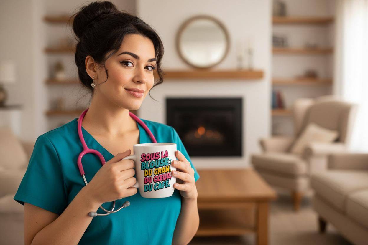 Mug blanc en céramique avec illustration d’infirmière et texte multicolore coloré