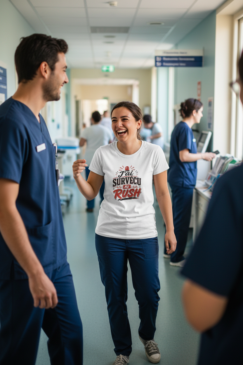 Infirmière en couloir d'hôpital portant le t-shirt J'ai Survecu au Rush blanc