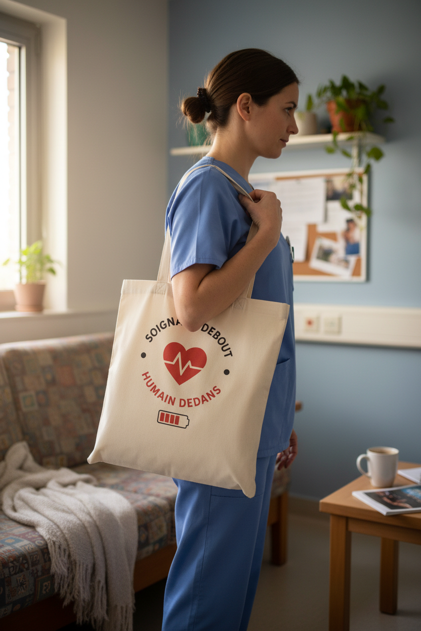 Sac cabas en toile beige avec logo cœur rouge, porté par une main