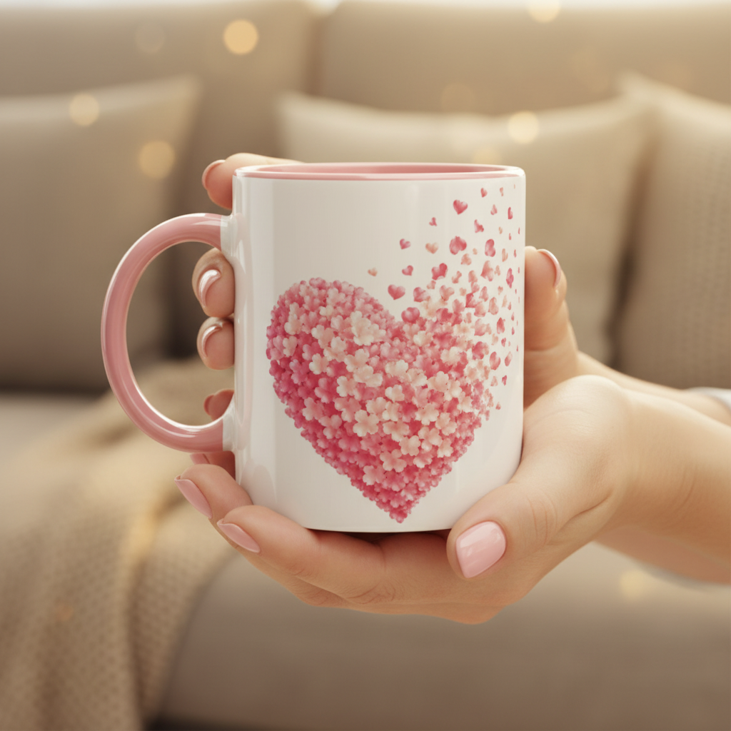 Mug blanc à anse rose, motif cœur rose et petits cœurs