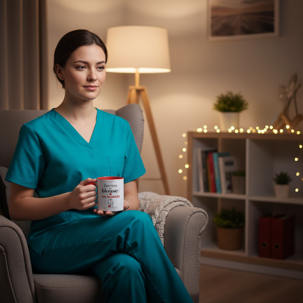 Mug blanc à bord rouge, tenu par une soignante en tenue turquoise.