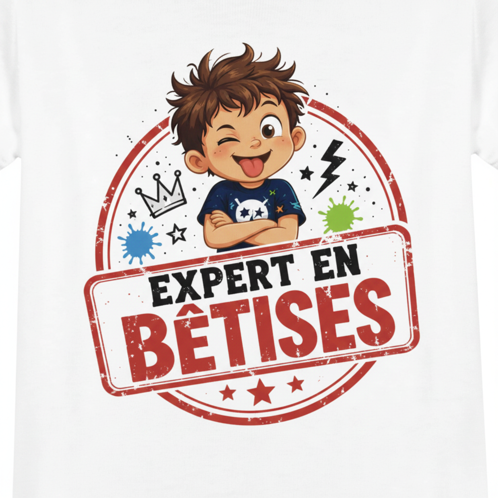 Zoom sur le design Expert en Bêtises : petit garçon cartoon bras croisés couronne taches de peinture tampon rouge Bêtises