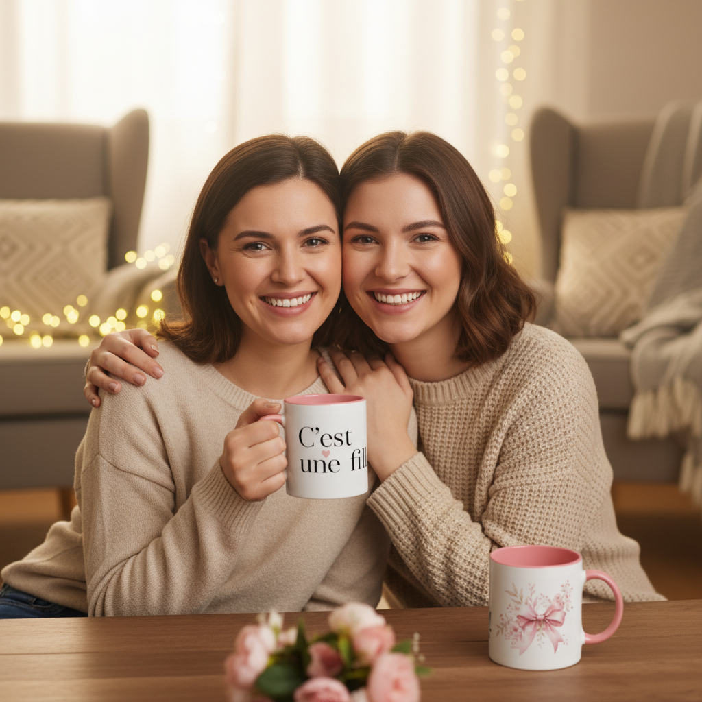 deux femmes celebrant naissance bebe fille avec mug cest une fille rose