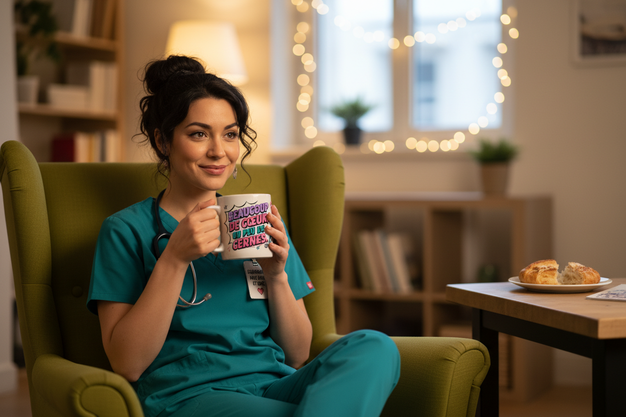 Tasse blanche tenue dans un fauteuil, illustration infirmière et cœurs roses