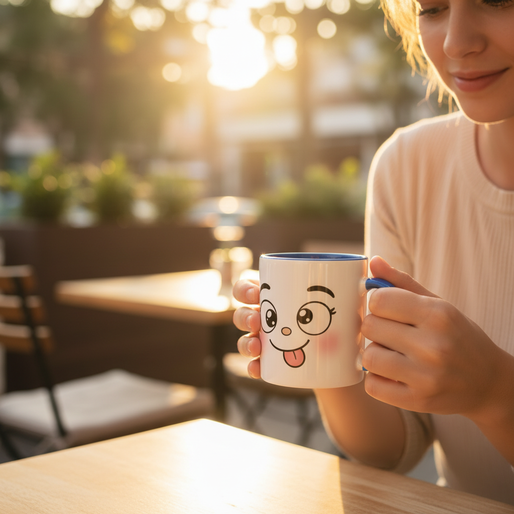 Mug en céramique bicolore à face de panda, anse bleue et intérieur bleu, corps blanc