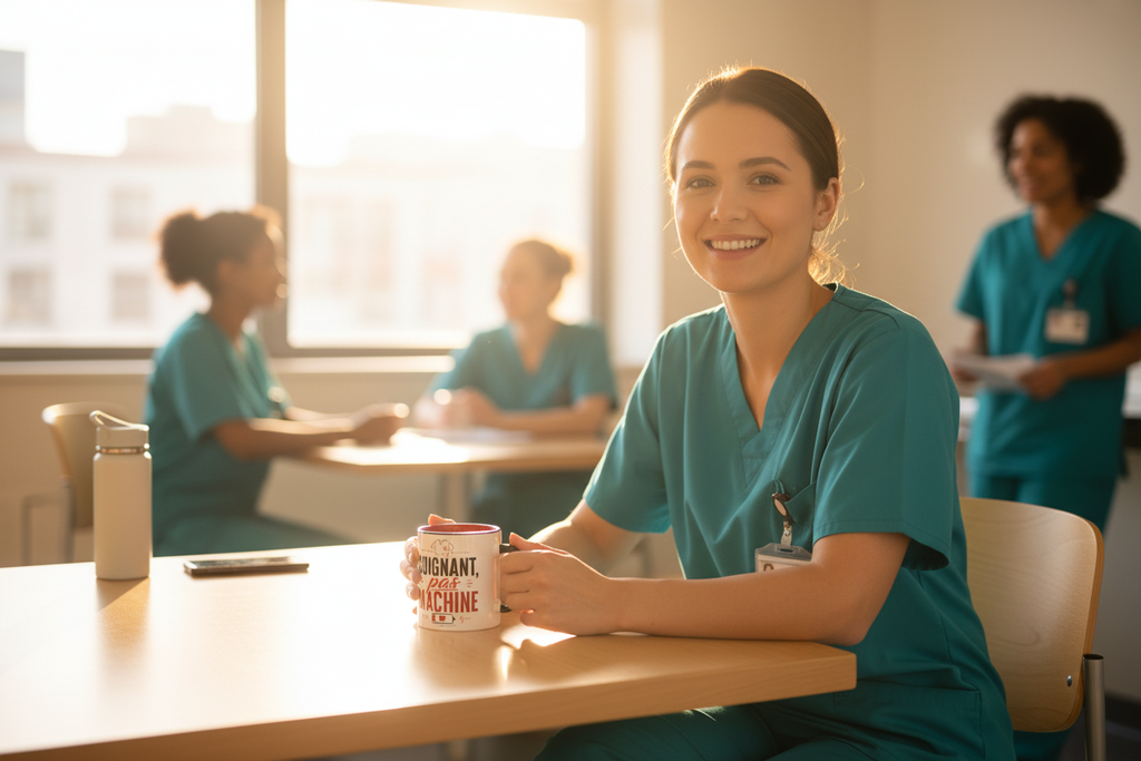 Mug céramique blanc à anse rouge, imprimé « Soignant, pas machine » sur table.
