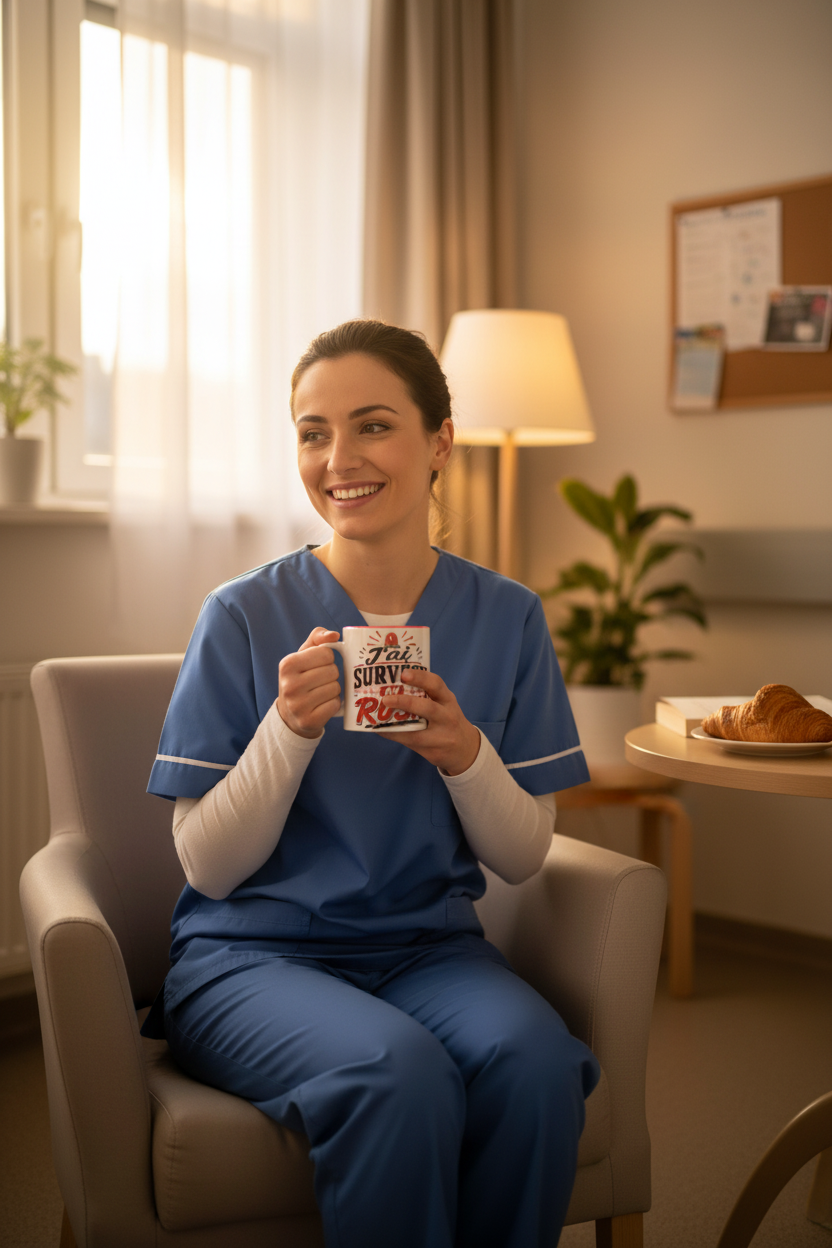 Soignante tenant le mug J'ai Survecu au Rush dans une salle de pause hospitalière