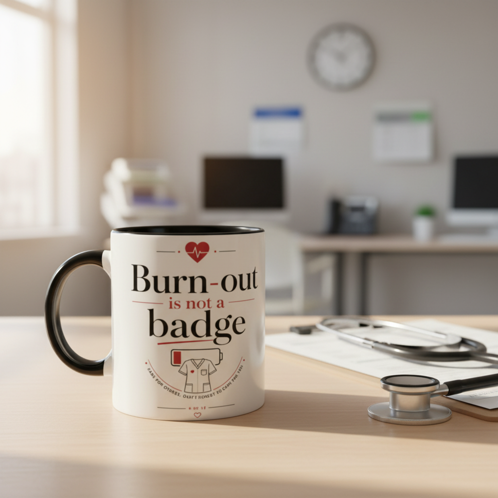 Mug en céramique sombre, poignée noire, marquage Burn-out is not a badge.