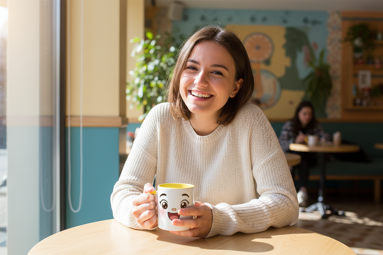 Tasse en céramique jaune à visage kawaii souriant, tenue par une personne souriante.