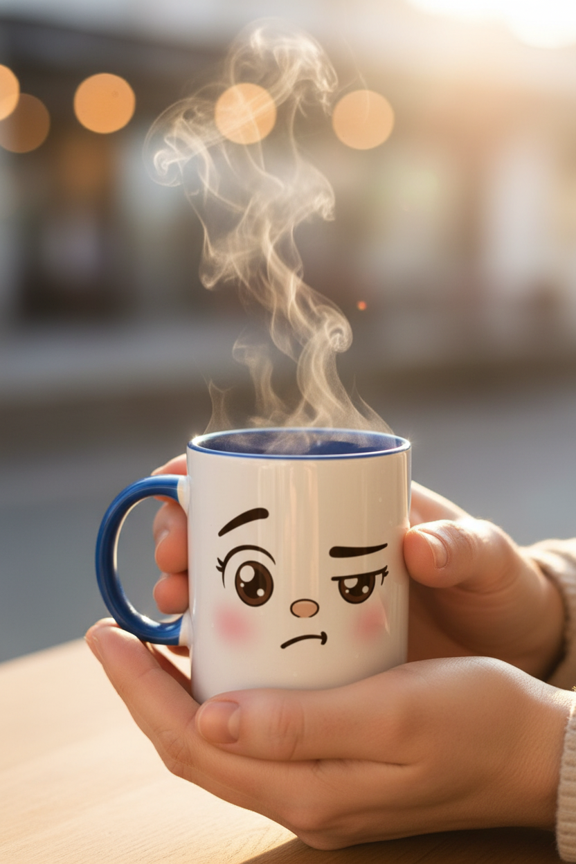 Mug en céramique blanche à visage kawaii boudeur, anse bleue, vapeur au-dessus