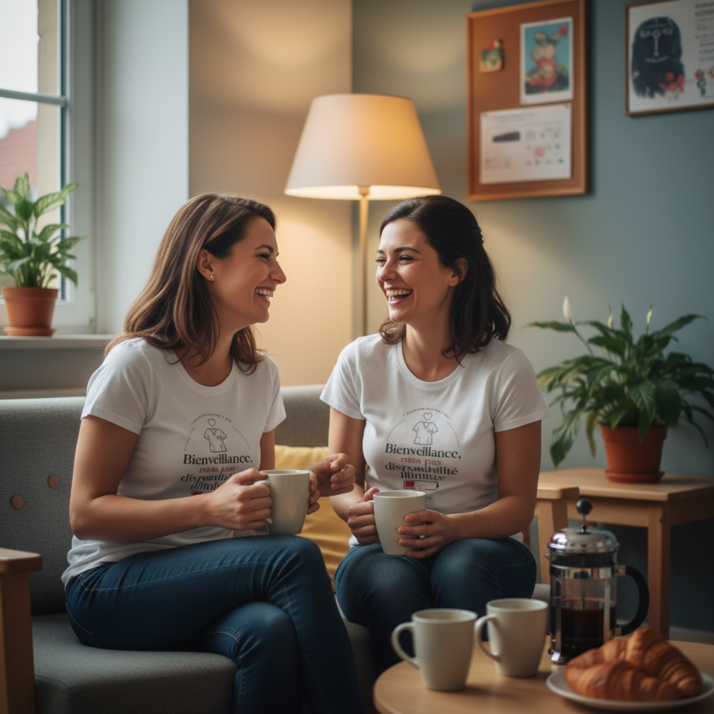 T-shirt blanc à imprimé cœur, texte « Bienveillance » sur le buste