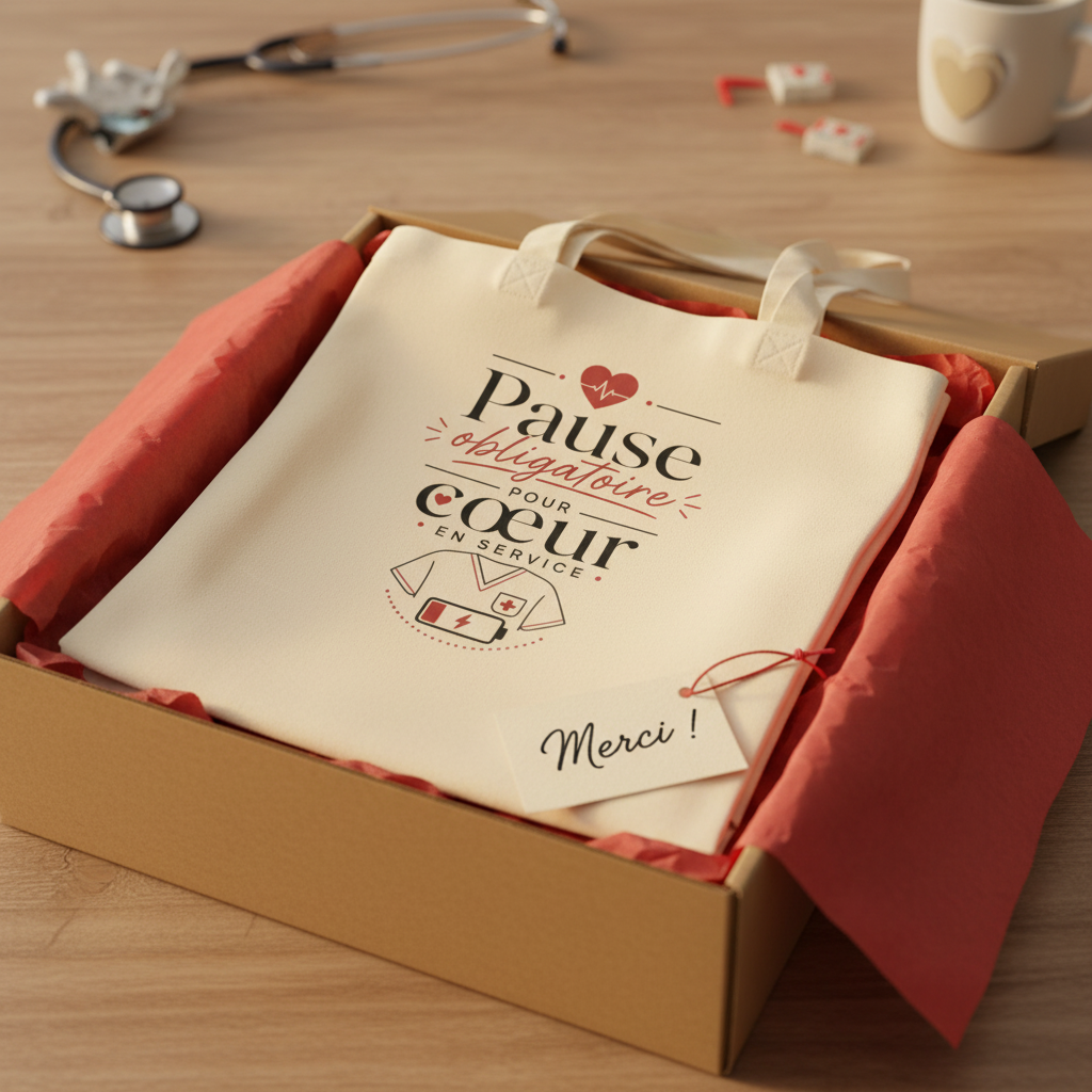 Tote bag naturel avec logo « Pause obligatoire pour cœur en service » et « Merci ! »