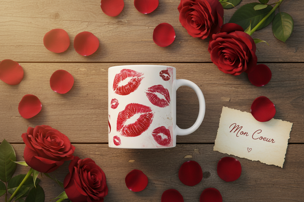 Flat lay du verso du mug Gros Bisous avec empreintes de lèvres rouges, roses et note d'amour
