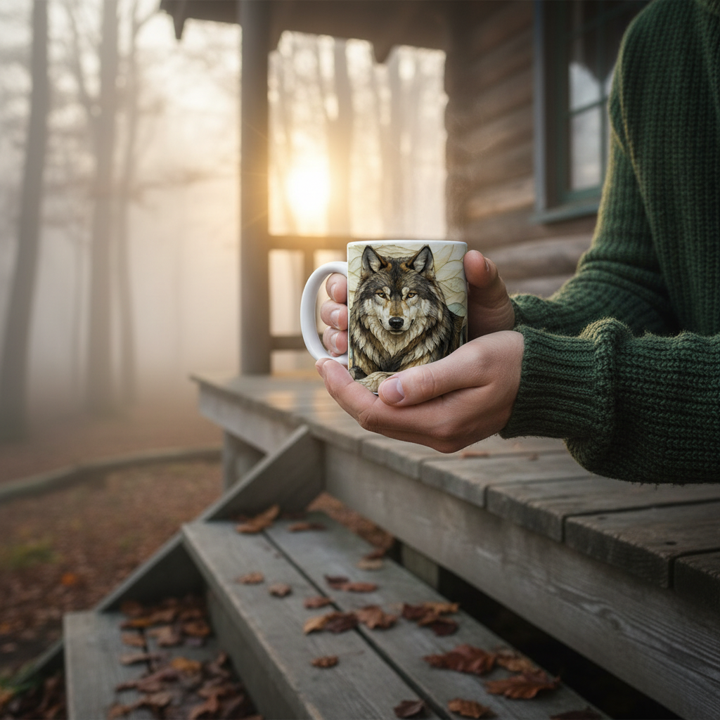 Mains masculines tenant le mug loup vitrail, ambiance forêt et brume matinale