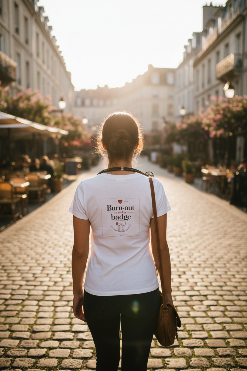 T-shirt blanc à col rond, logo « Burn-out badge » au dos