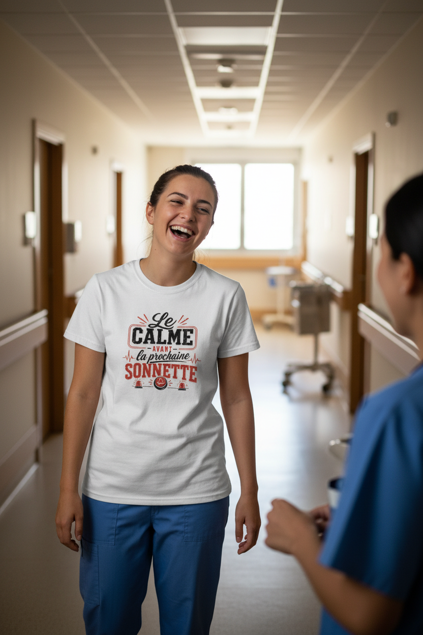 Deux soignantes en couloir d'hôpital, l'une portant le t-shirt Le Calme avant la prochaine Sonnette