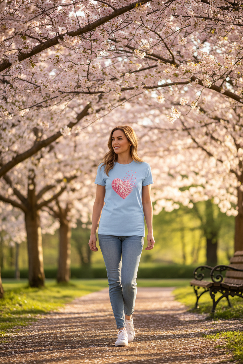 T-shirt femme bleu ciel à cœur en sequins roses sur le devant, col rond