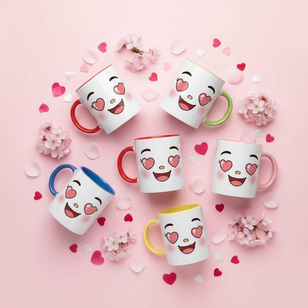 Lot de mugs en céramique blanche au visage kawaii, anses colorées et cœurs roses.