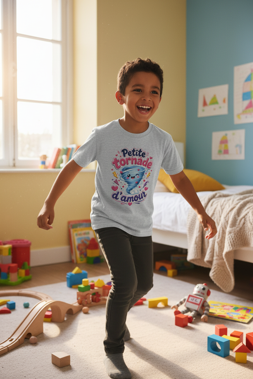 Petit garcon en t-shirt gris chine Petite tornade d'amour qui joue dans sa chambre coloree
