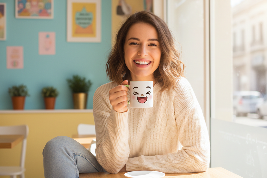 Tasse en céramique blanche au visage kawaii, tenue dans la main.