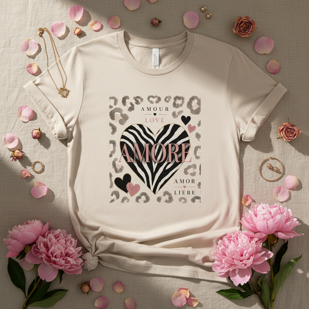 T-shirt unisexe beige clair à motif cœur zébré et léopard, manches courtes