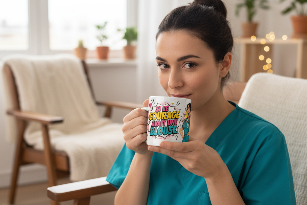 Mug blanc tenu en gros plan, motif infirmière et texte « Si le courage avait… »