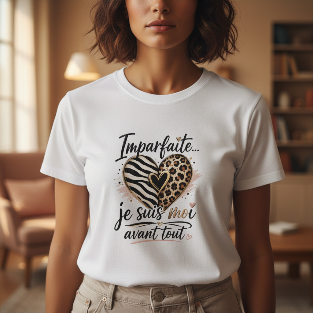 T-shirt femme blanc, col rond, imprimé cœur zébré et texte « Je suis moi avant tout »