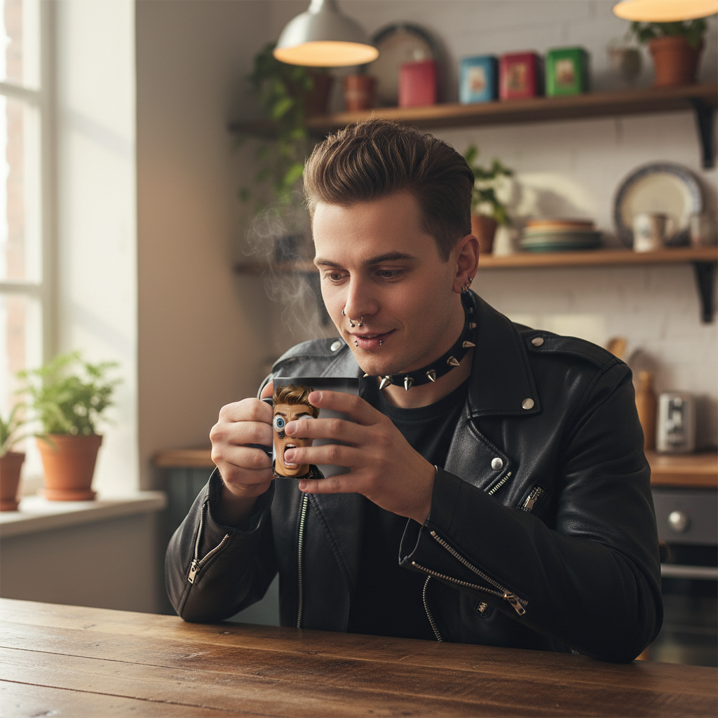 Mug magique thermosensible humour tenu par un homme punk, design yeux a ressorts revele par la chaleur, ambiance cosy