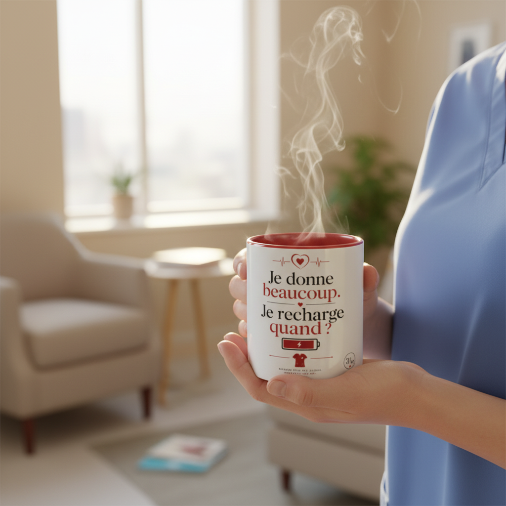 Mug en céramique blanc à anse rouge, tenu en main, texte « Je donne beaucoup »