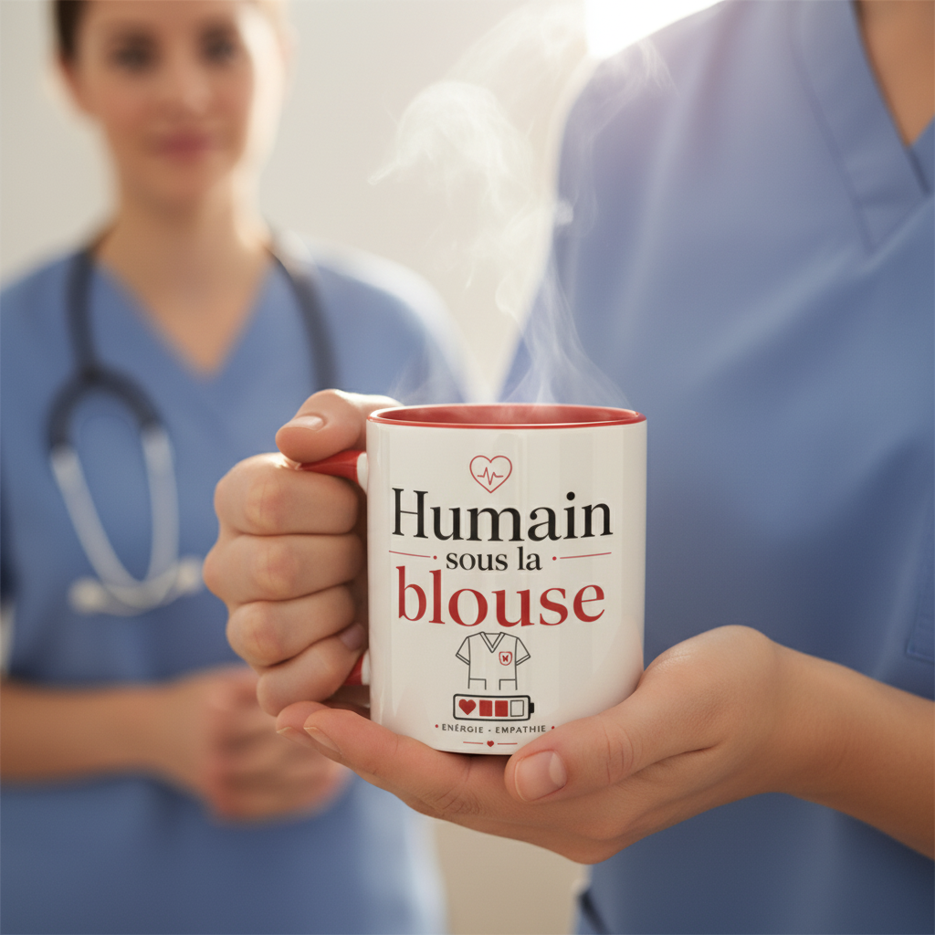 Mug Humain sous la blouse, anse rouge, tenu dans une main