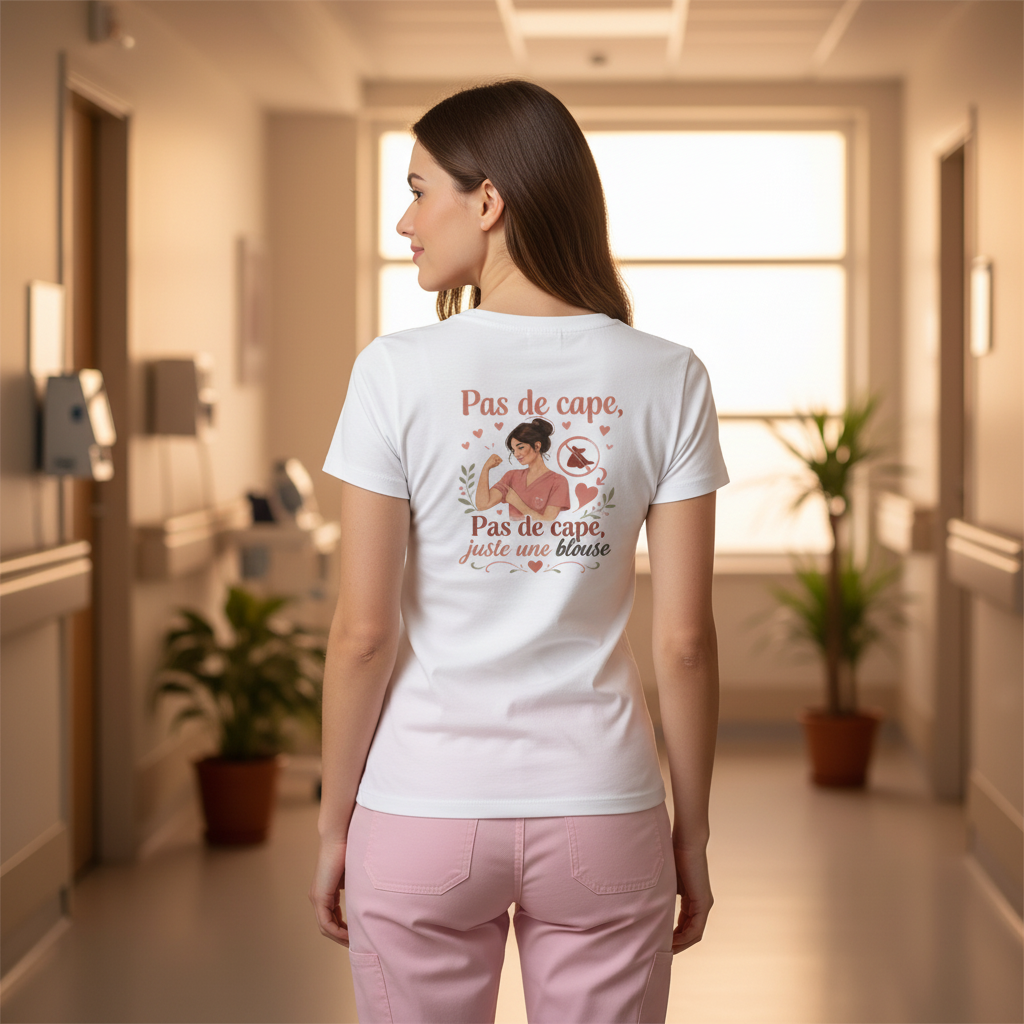 Femme en scrubs roses portant le t-shirt Pas de cape juste une blouse, vue verso avec design dans le dos, couloir hôpital