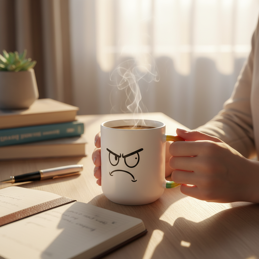 Mug blanc au visage grognon, tenu à la main, boisson chaude avec vapeur