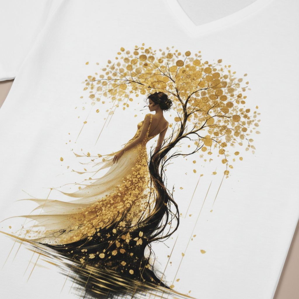 T-shirt femme blanc, gros plan du motif arbre doré et silhouette au centre.