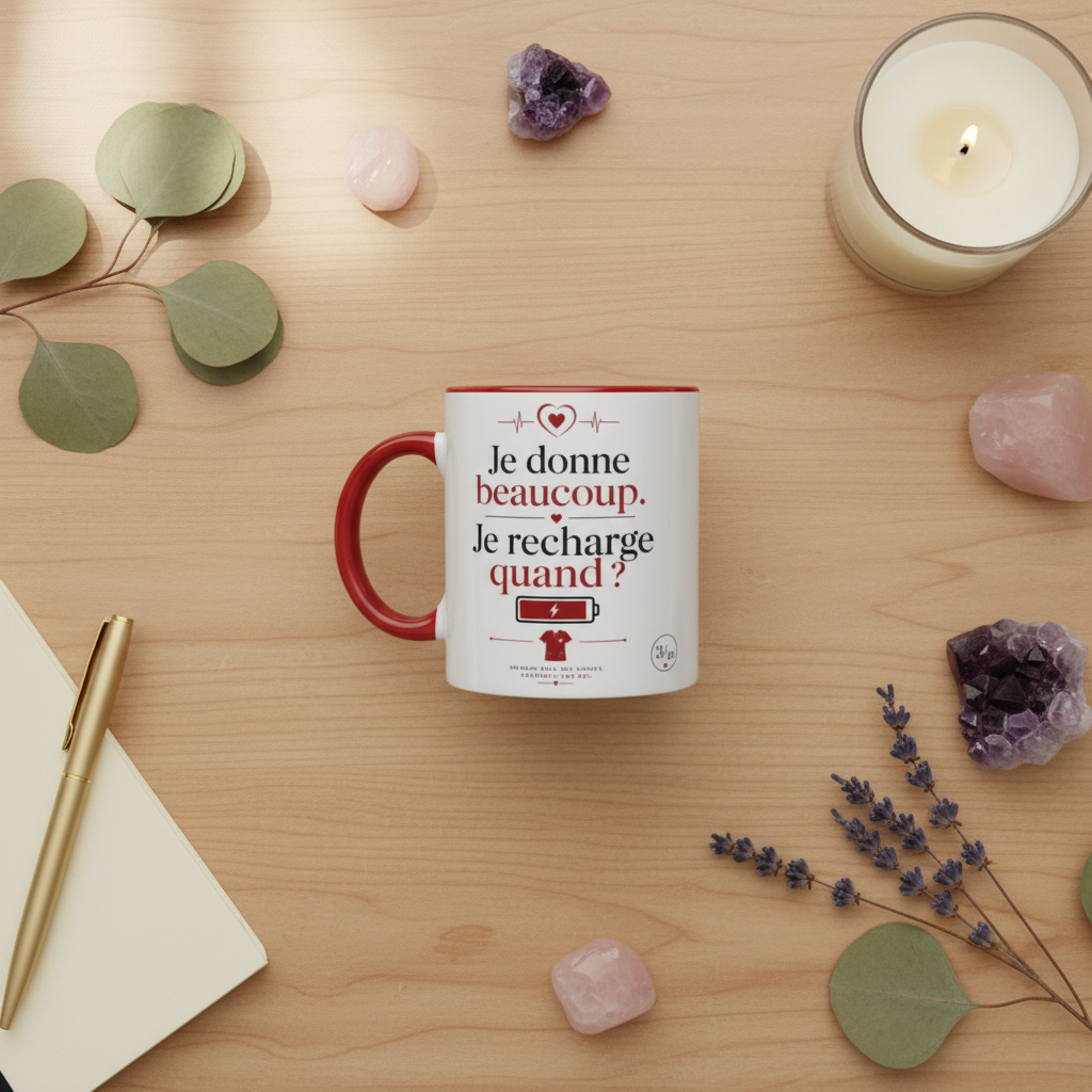Mug en céramique blanc à anse rouge, texte « Je recharge quand ? »