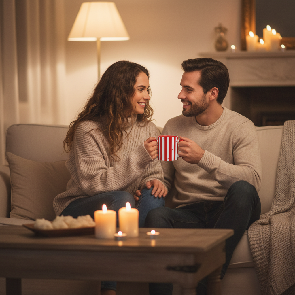 Couple sur canape partageant un cafe avec le mug rayures rouge et blanc, ambiance romantique