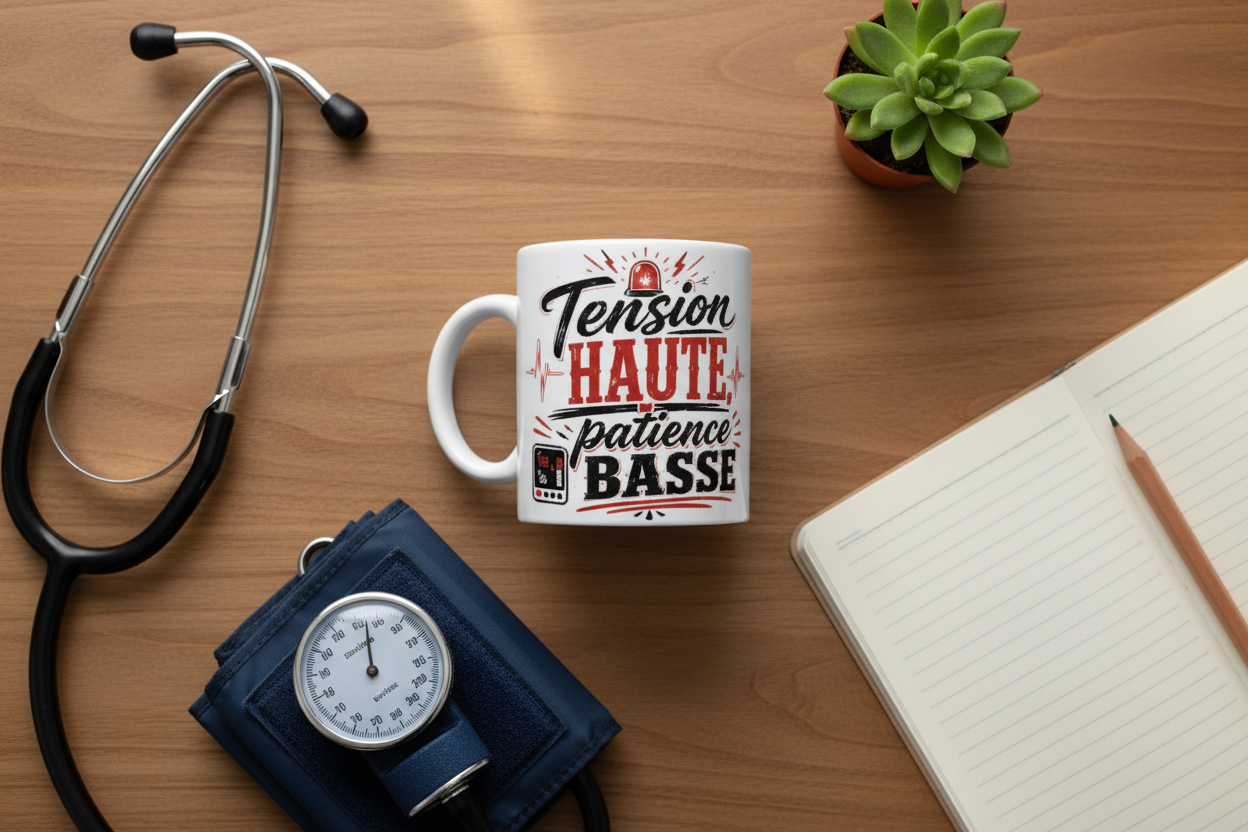 Mug en céramique blanc avec impression « Tension HAUTE patience BASSE » et anse blanche.