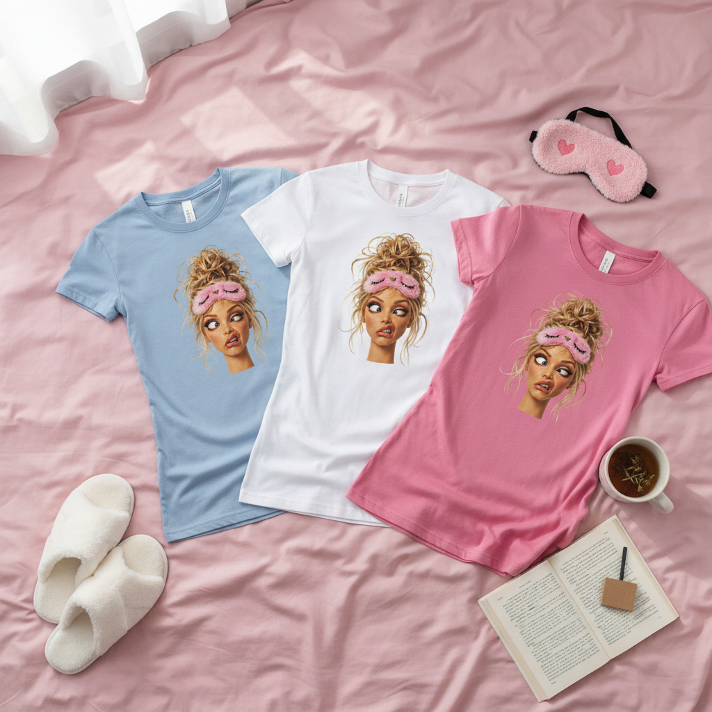 Flat lay trois t-shirts femme Bleu ciel, Blanc et Rose Azalée design tête du matin sur draps roses avec accessoires sommeil