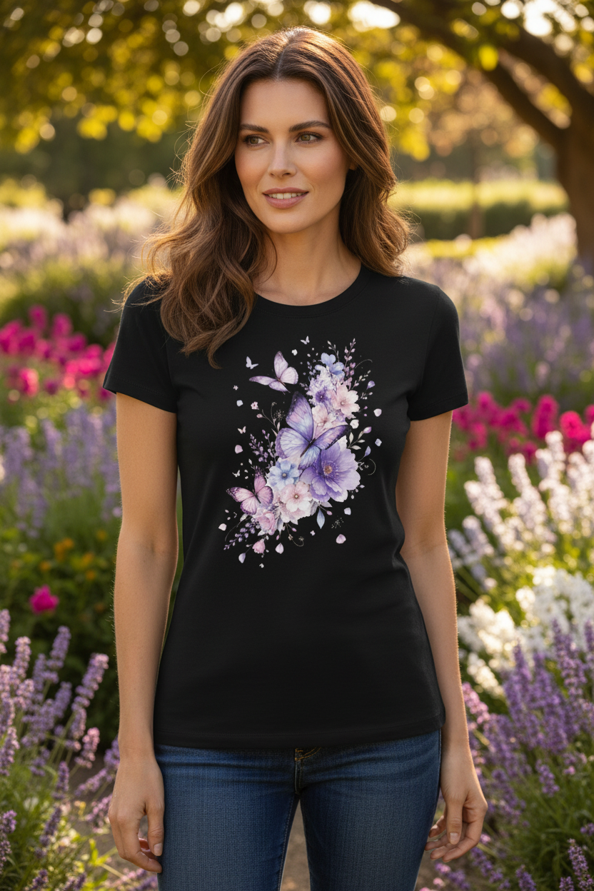 T-shirt femme noir à motif papillons violets et fleurs aquarelle sur le devant.