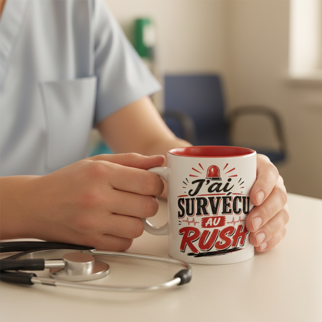 Mains de soignante enlaçant le mug J'ai Survecu au Rush avec stéthoscope sur table