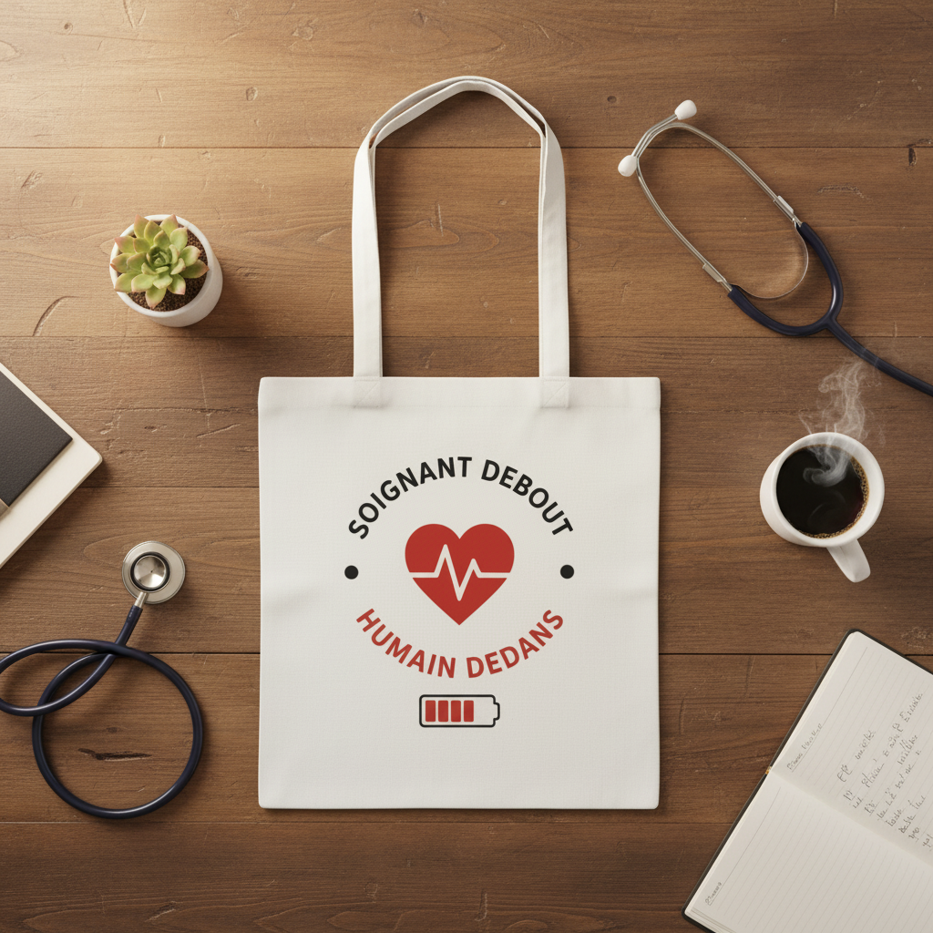 Sac cabas en toile blanche avec logo cœur rouge et inscription « Humain dedans »